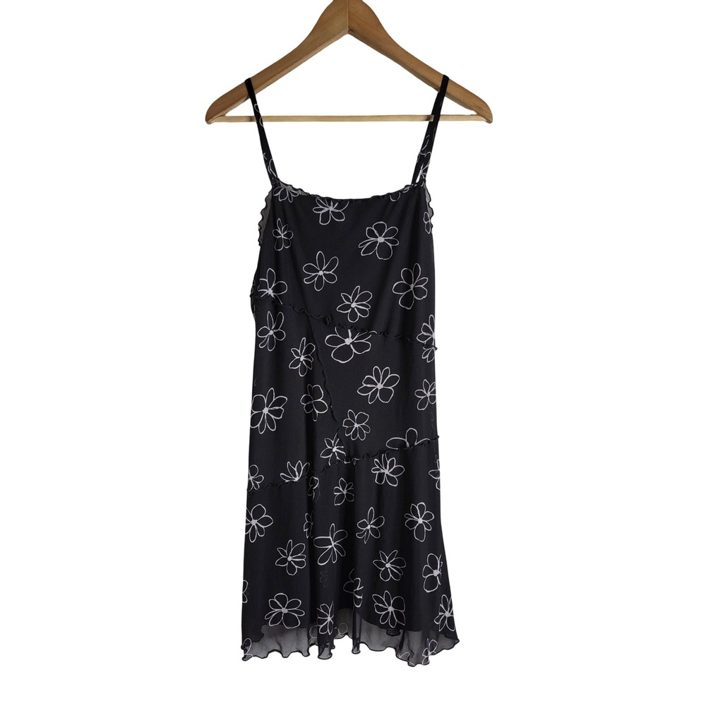 Wild Fable Black Daisy Floral Mesh Mini Dress Tiered Lettuce Edge Y2K Large